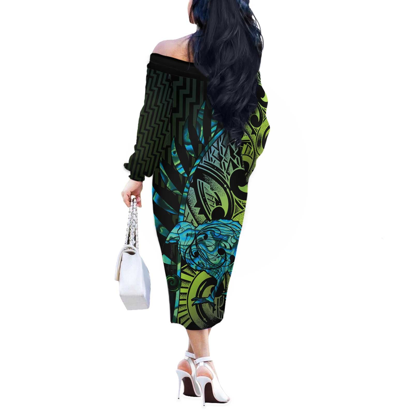 Southland Takehe Pounama Off The Shoulder Long Sleeve Dress Aotearoa Poutama Paua Shell Fern