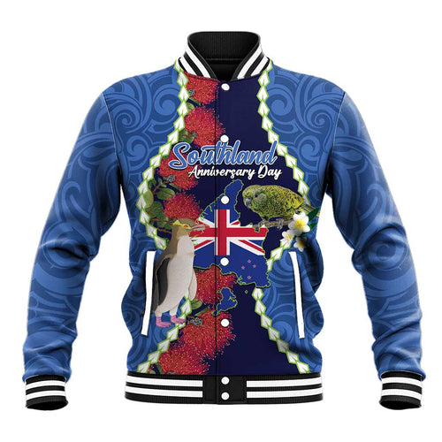 Southland Anniversary Day Baseball Jacket Murihiku 1861 Maori Bird Mix Pohutukawa