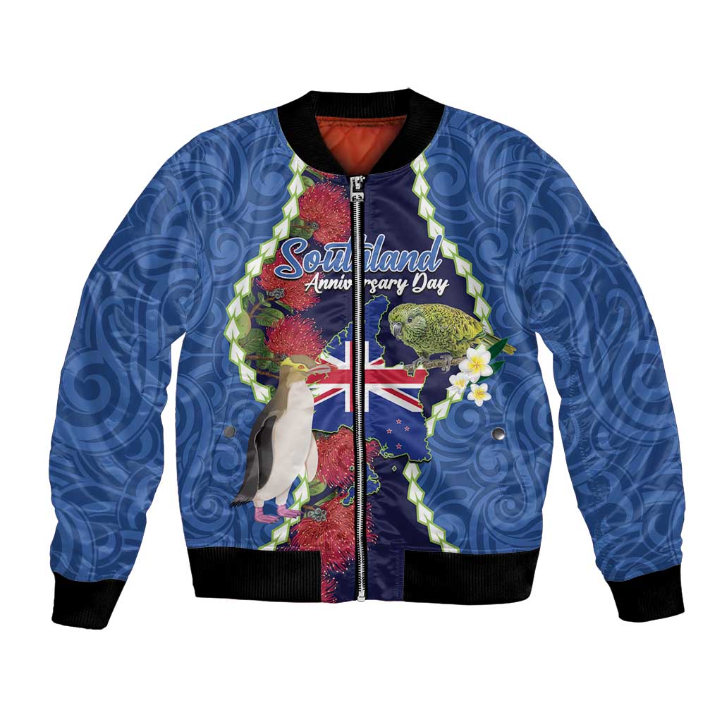 Southland Anniversary Day Bomber Jacket Murihiku 1861 Maori Bird Mix Pohutukawa