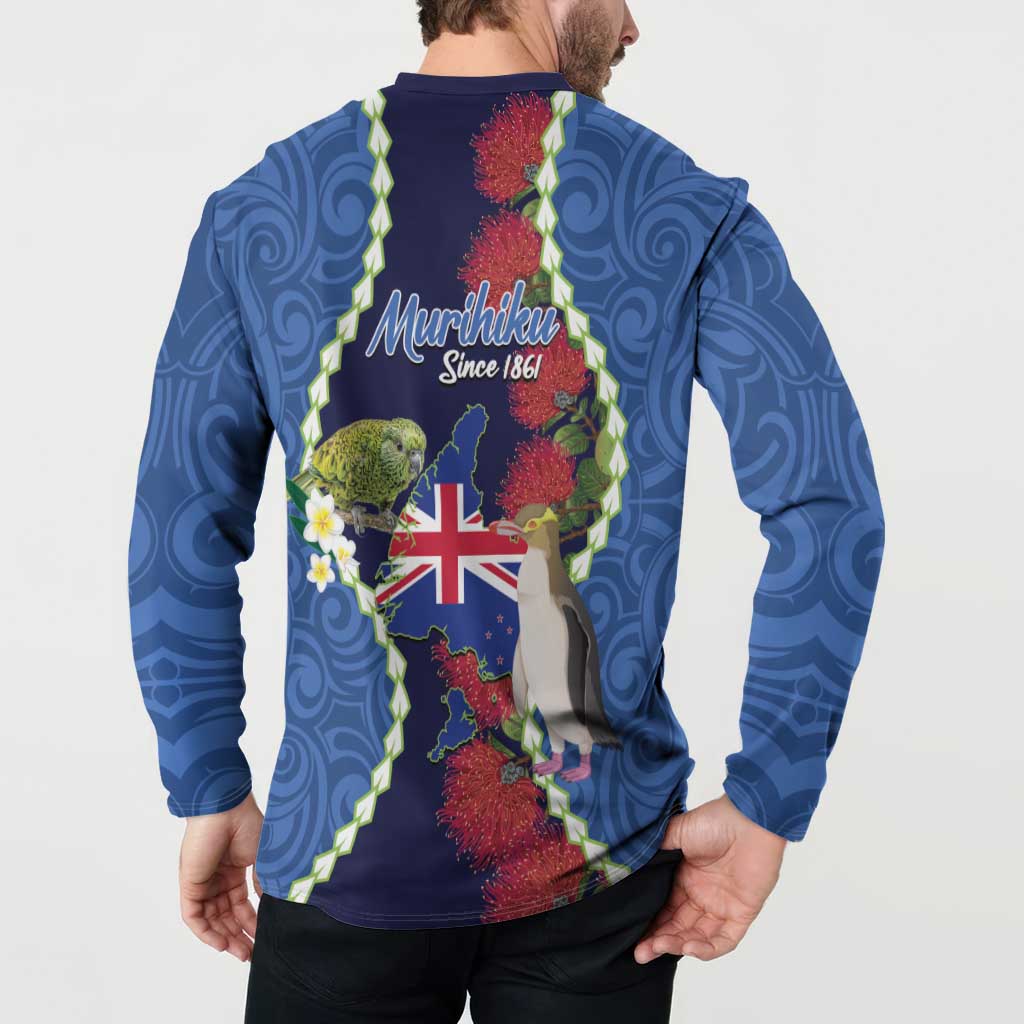 Southland Anniversary Day Button Sweatshirt Murihiku 1861 Maori Bird Mix Pohutukawa
