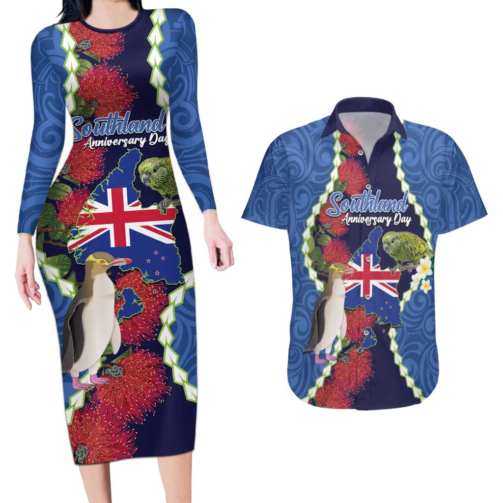 Southland Anniversary Day Couples Matching Long Sleeve Bodycon Dress and Hawaiian Shirt Murihiku 1861 Maori Bird Mix Pohutukawa
