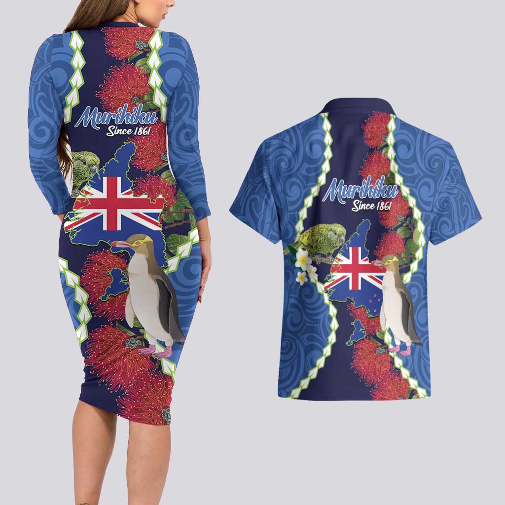 Southland Anniversary Day Couples Matching Long Sleeve Bodycon Dress and Hawaiian Shirt Murihiku 1861 Maori Bird Mix Pohutukawa