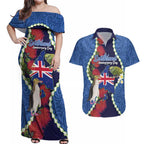 Southland Anniversary Day Couples Matching Off Shoulder Maxi Dress and Hawaiian Shirt Murihiku 1861 Maori Bird Mix Pohutukawa
