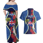 Southland Anniversary Day Couples Matching Off Shoulder Maxi Dress and Hawaiian Shirt Murihiku 1861 Maori Bird Mix Pohutukawa