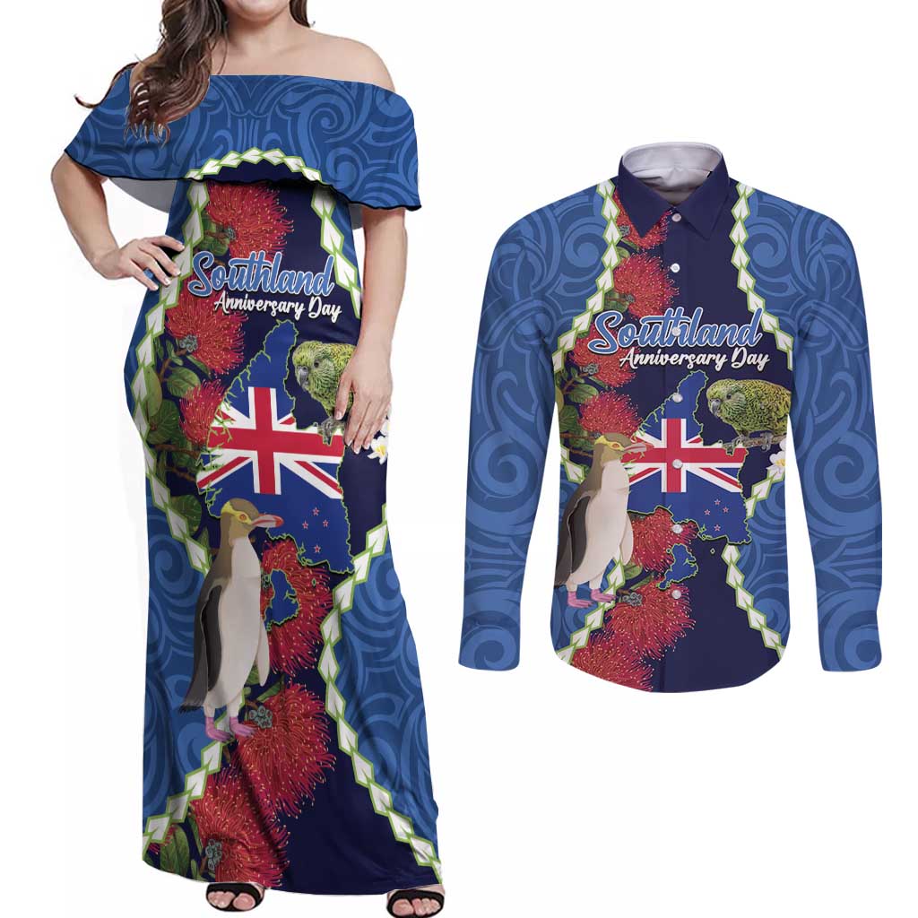 Southland Anniversary Day Couples Matching Off Shoulder Maxi Dress and Long Sleeve Button Shirt Murihiku 1861 Maori Bird Mix Pohutukawa