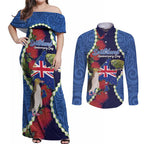Southland Anniversary Day Couples Matching Off Shoulder Maxi Dress and Long Sleeve Button Shirt Murihiku 1861 Maori Bird Mix Pohutukawa