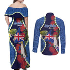 Southland Anniversary Day Couples Matching Off Shoulder Maxi Dress and Long Sleeve Button Shirt Murihiku 1861 Maori Bird Mix Pohutukawa