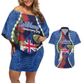 Southland Anniversary Day Couples Matching Off Shoulder Short Dress and Hawaiian Shirt Murihiku 1861 Maori Bird Mix Pohutukawa