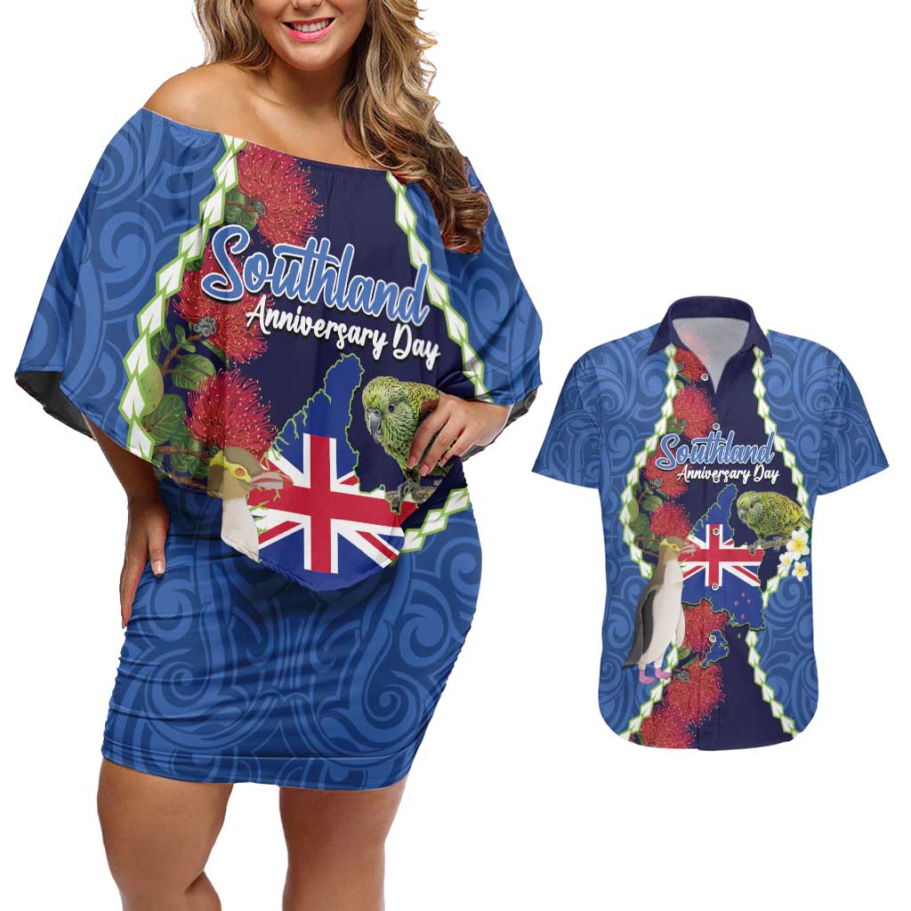 Southland Anniversary Day Couples Matching Off Shoulder Short Dress and Hawaiian Shirt Murihiku 1861 Maori Bird Mix Pohutukawa