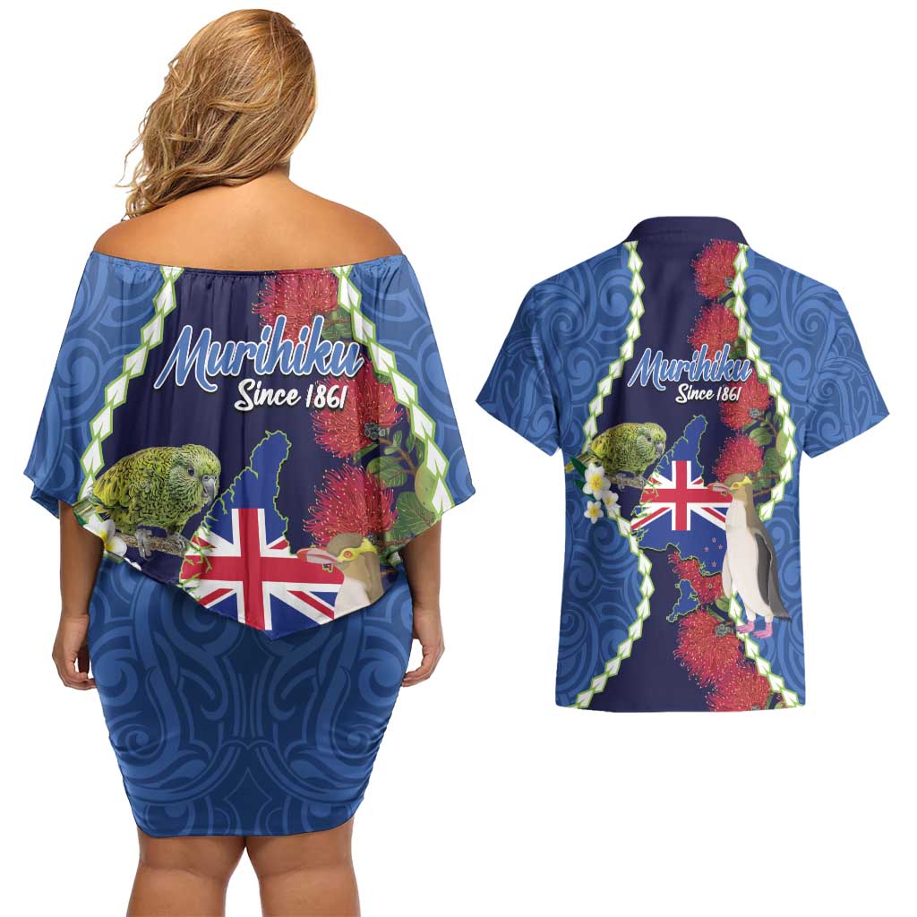 Southland Anniversary Day Couples Matching Off Shoulder Short Dress and Hawaiian Shirt Murihiku 1861 Maori Bird Mix Pohutukawa