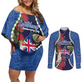 Southland Anniversary Day Couples Matching Off Shoulder Short Dress and Long Sleeve Button Shirt Murihiku 1861 Maori Bird Mix Pohutukawa