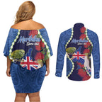 Southland Anniversary Day Couples Matching Off Shoulder Short Dress and Long Sleeve Button Shirt Murihiku 1861 Maori Bird Mix Pohutukawa