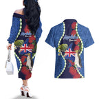 Southland Anniversary Day Couples Matching Off The Shoulder Long Sleeve Dress and Hawaiian Shirt Murihiku 1861 Maori Bird Mix Pohutukawa
