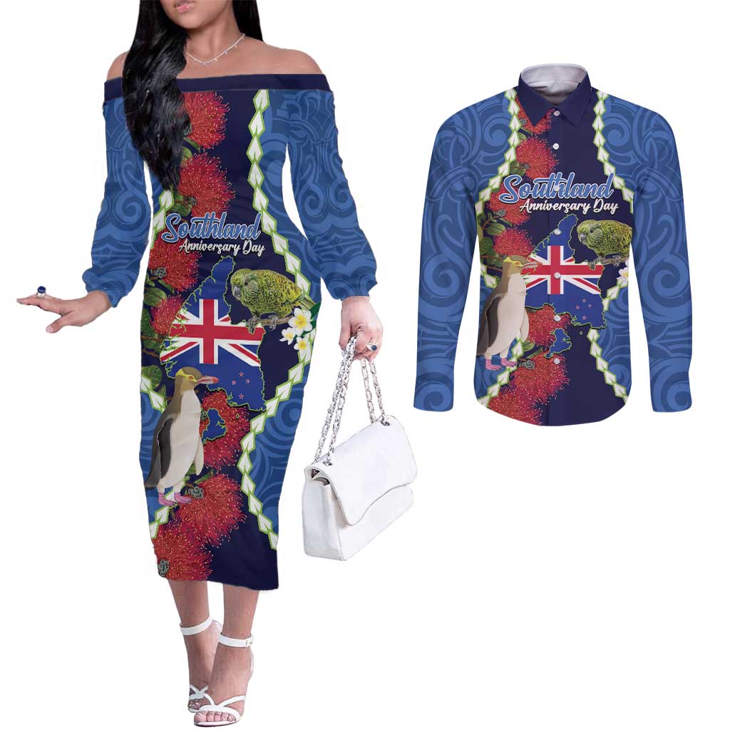 Southland Anniversary Day Couples Matching Off The Shoulder Long Sleeve Dress and Long Sleeve Button Shirt Murihiku 1861 Maori Bird Mix Pohutukawa