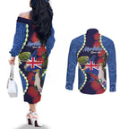 Southland Anniversary Day Couples Matching Off The Shoulder Long Sleeve Dress and Long Sleeve Button Shirt Murihiku 1861 Maori Bird Mix Pohutukawa