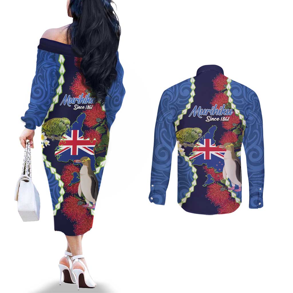 Southland Anniversary Day Couples Matching Off The Shoulder Long Sleeve Dress and Long Sleeve Button Shirt Murihiku 1861 Maori Bird Mix Pohutukawa