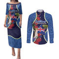 Southland Anniversary Day Couples Matching Puletasi and Long Sleeve Button Shirt Murihiku 1861 Maori Bird Mix Pohutukawa