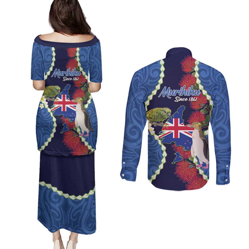 Southland Anniversary Day Couples Matching Puletasi and Long Sleeve Button Shirt Murihiku 1861 Maori Bird Mix Pohutukawa