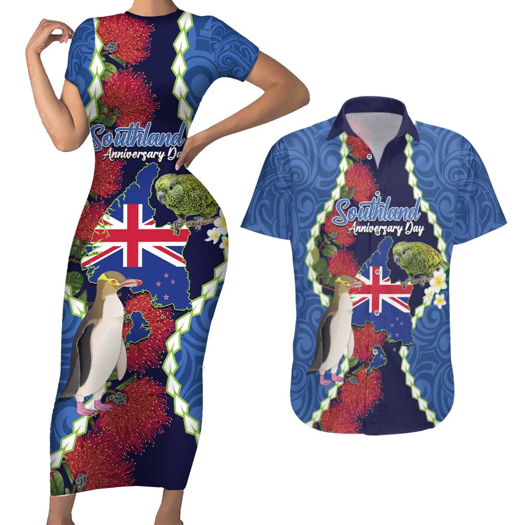 Southland Anniversary Day Couples Matching Short Sleeve Bodycon Dress and Hawaiian Shirt Murihiku 1861 Maori Bird Mix Pohutukawa