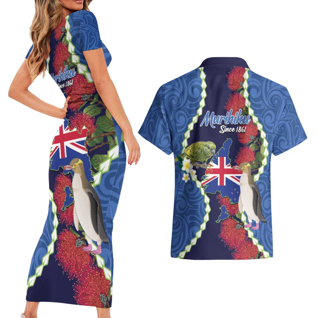 Southland Anniversary Day Couples Matching Short Sleeve Bodycon Dress and Hawaiian Shirt Murihiku 1861 Maori Bird Mix Pohutukawa