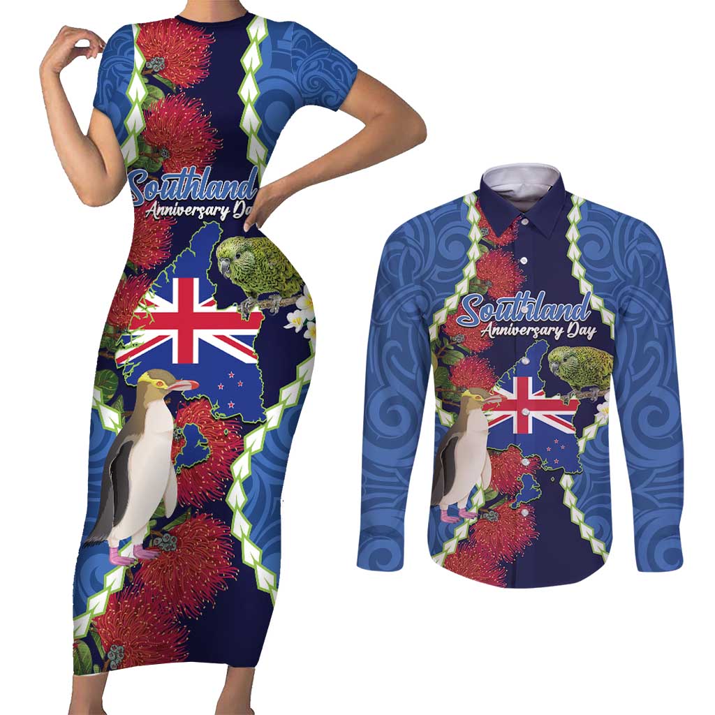 Southland Anniversary Day Couples Matching Short Sleeve Bodycon Dress and Long Sleeve Button Shirt Murihiku 1861 Maori Bird Mix Pohutukawa