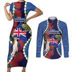 Southland Anniversary Day Couples Matching Short Sleeve Bodycon Dress and Long Sleeve Button Shirt Murihiku 1861 Maori Bird Mix Pohutukawa