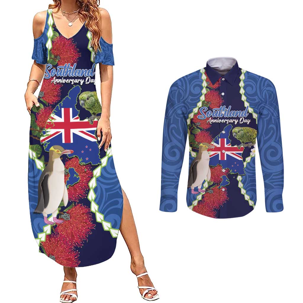 Southland Anniversary Day Couples Matching Summer Maxi Dress and Long Sleeve Button Shirt Murihiku 1861 Maori Bird Mix Pohutukawa