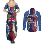 Southland Anniversary Day Couples Matching Summer Maxi Dress and Long Sleeve Button Shirt Murihiku 1861 Maori Bird Mix Pohutukawa