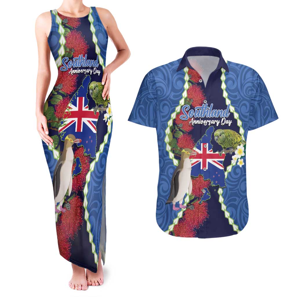 Southland Anniversary Day Couples Matching Tank Maxi Dress and Hawaiian Shirt Murihiku 1861 Maori Bird Mix Pohutukawa