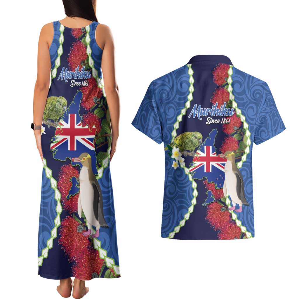 Southland Anniversary Day Couples Matching Tank Maxi Dress and Hawaiian Shirt Murihiku 1861 Maori Bird Mix Pohutukawa