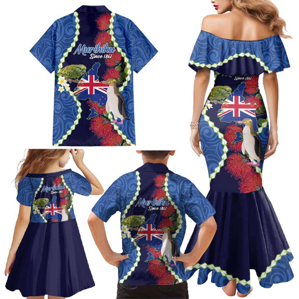 Southland Anniversary Day Family Matching Mermaid Dress and Hawaiian Shirt Murihiku 1861 Maori Bird Mix Pohutukawa