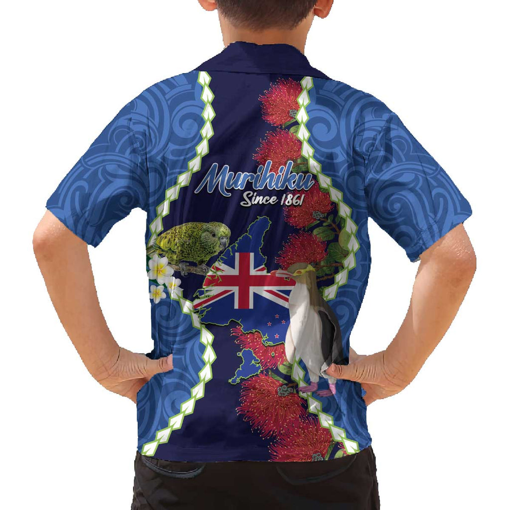 Southland Anniversary Day Family Matching Off The Shoulder Long Sleeve Dress and Hawaiian Shirt Murihiku 1861 Maori Bird Mix Pohutukawa