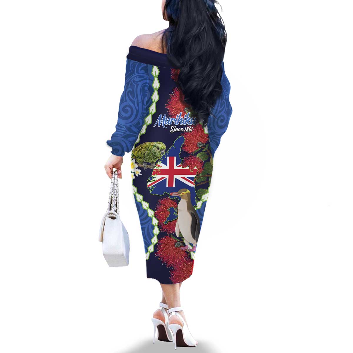 Southland Anniversary Day Family Matching Off The Shoulder Long Sleeve Dress and Hawaiian Shirt Murihiku 1861 Maori Bird Mix Pohutukawa