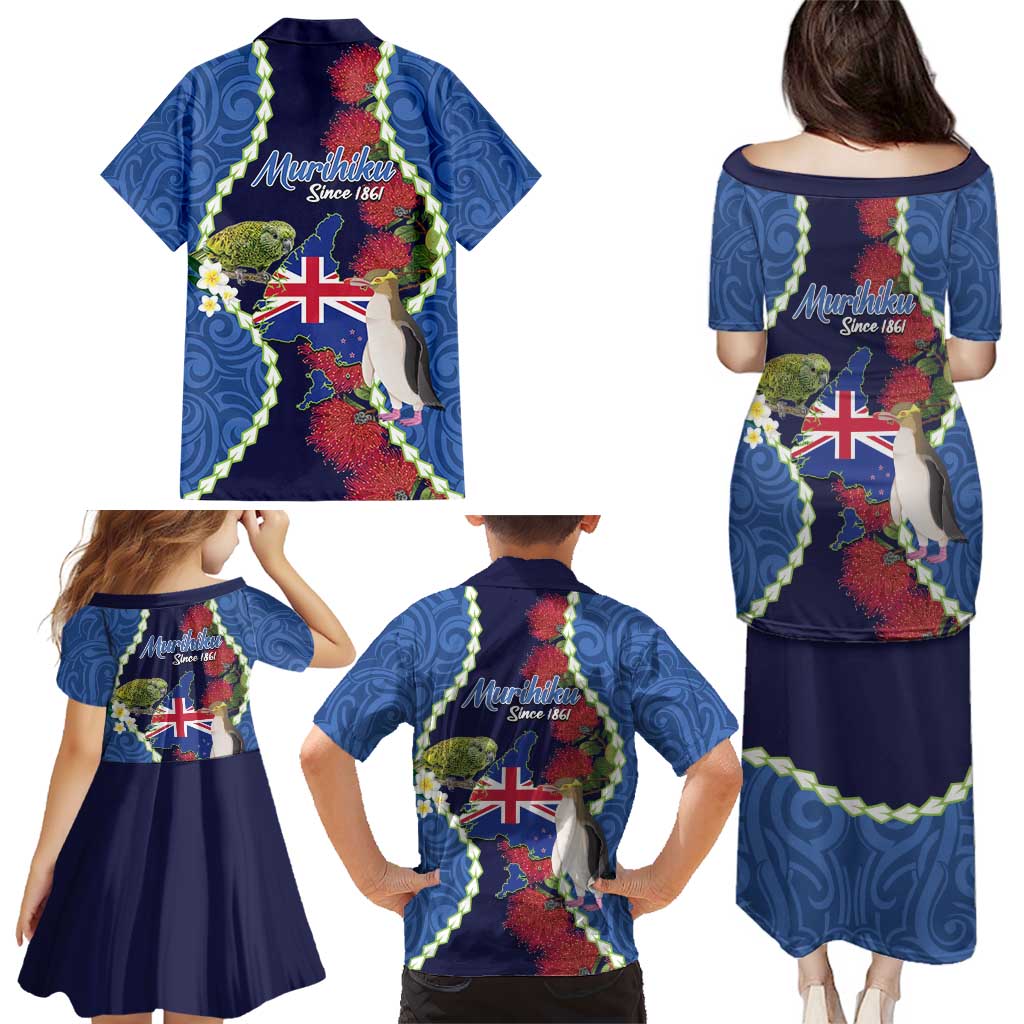 Southland Anniversary Day Family Matching Puletasi and Hawaiian Shirt Murihiku 1861 Maori Bird Mix Pohutukawa
