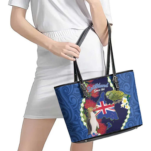Southland Anniversary Day Leather Tote Bag Murihiku 1861 Maori Bird Mix Pohutukawa