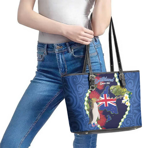 Southland Anniversary Day Leather Tote Bag Murihiku 1861 Maori Bird Mix Pohutukawa