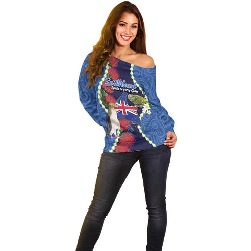 Southland Anniversary Day Off Shoulder Sweater Murihiku 1861 Maori Bird Mix Pohutukawa