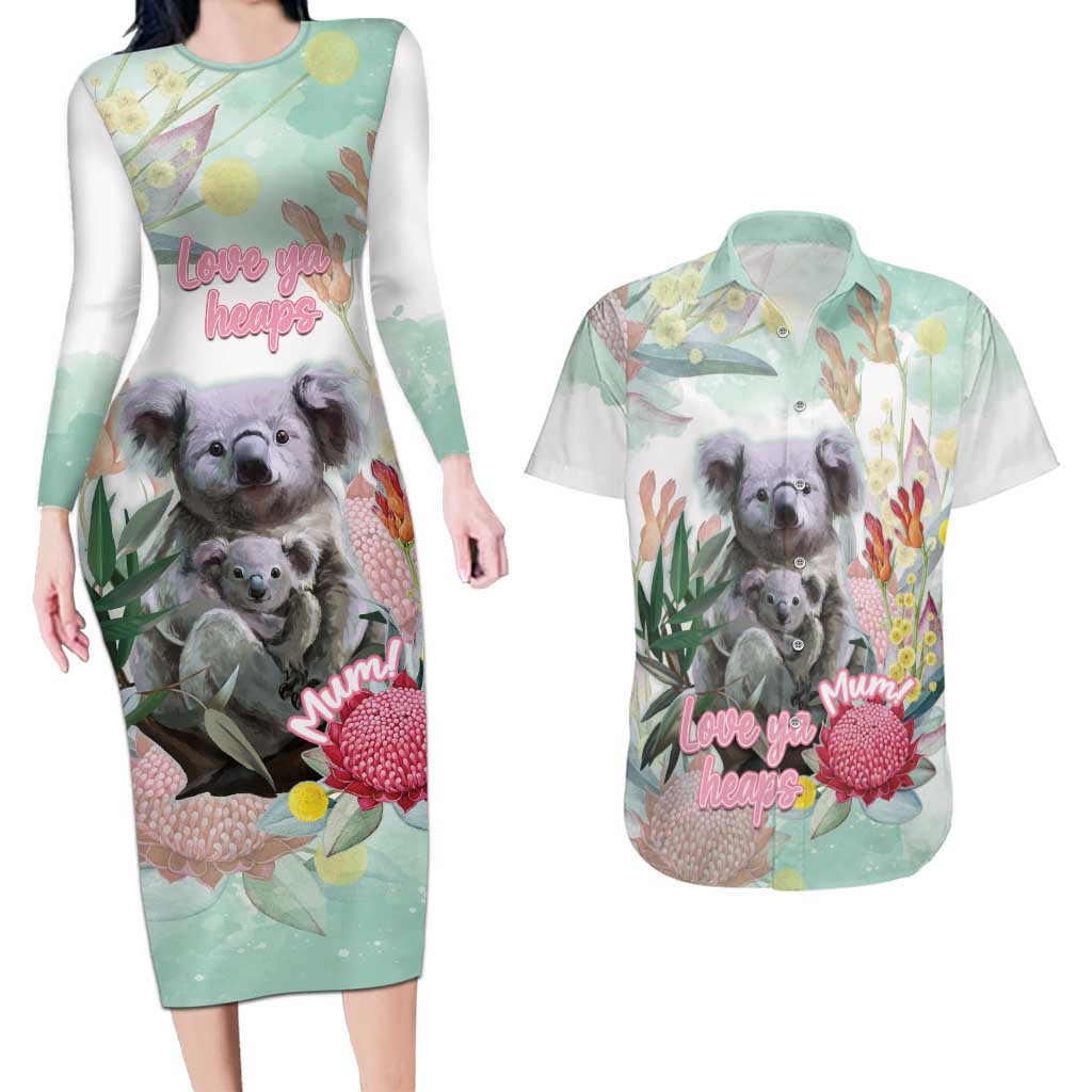 Koala Australia Mother's Day Personalised Couples Matching Long Sleeve Bodycon Dress and Hawaiian Shirt Love ya Heaps Mum Watercolor