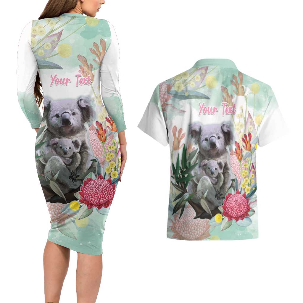 Koala Australia Mother's Day Personalised Couples Matching Long Sleeve Bodycon Dress and Hawaiian Shirt Love ya Heaps Mum Watercolor