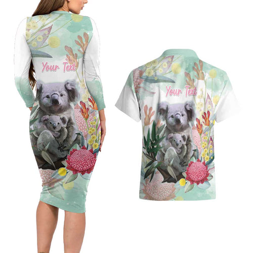 Koala Australia Mother's Day Personalised Couples Matching Long Sleeve Bodycon Dress and Hawaiian Shirt Love ya Heaps Mum Watercolor