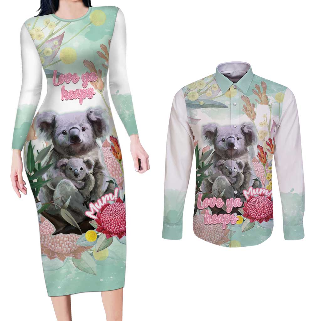 Koala Australia Mother's Day Personalised Couples Matching Long Sleeve Bodycon Dress and Long Sleeve Button Shirt Love ya Heaps Mum Watercolor