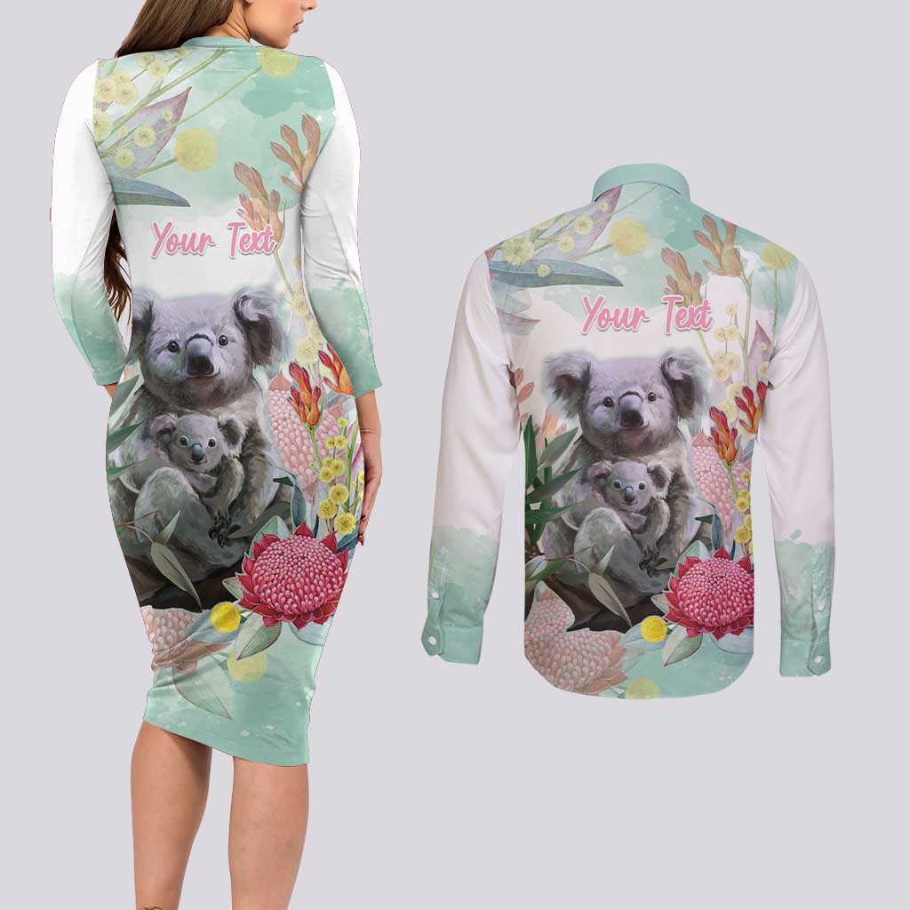 Koala Australia Mother's Day Personalised Couples Matching Long Sleeve Bodycon Dress and Long Sleeve Button Shirt Love ya Heaps Mum Watercolor