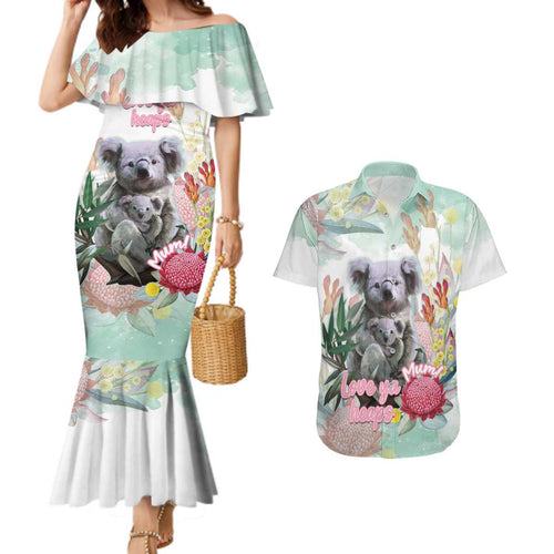 Koala Australia Mother's Day Personalised Couples Matching Mermaid Dress and Hawaiian Shirt Love ya Heaps Mum Watercolor