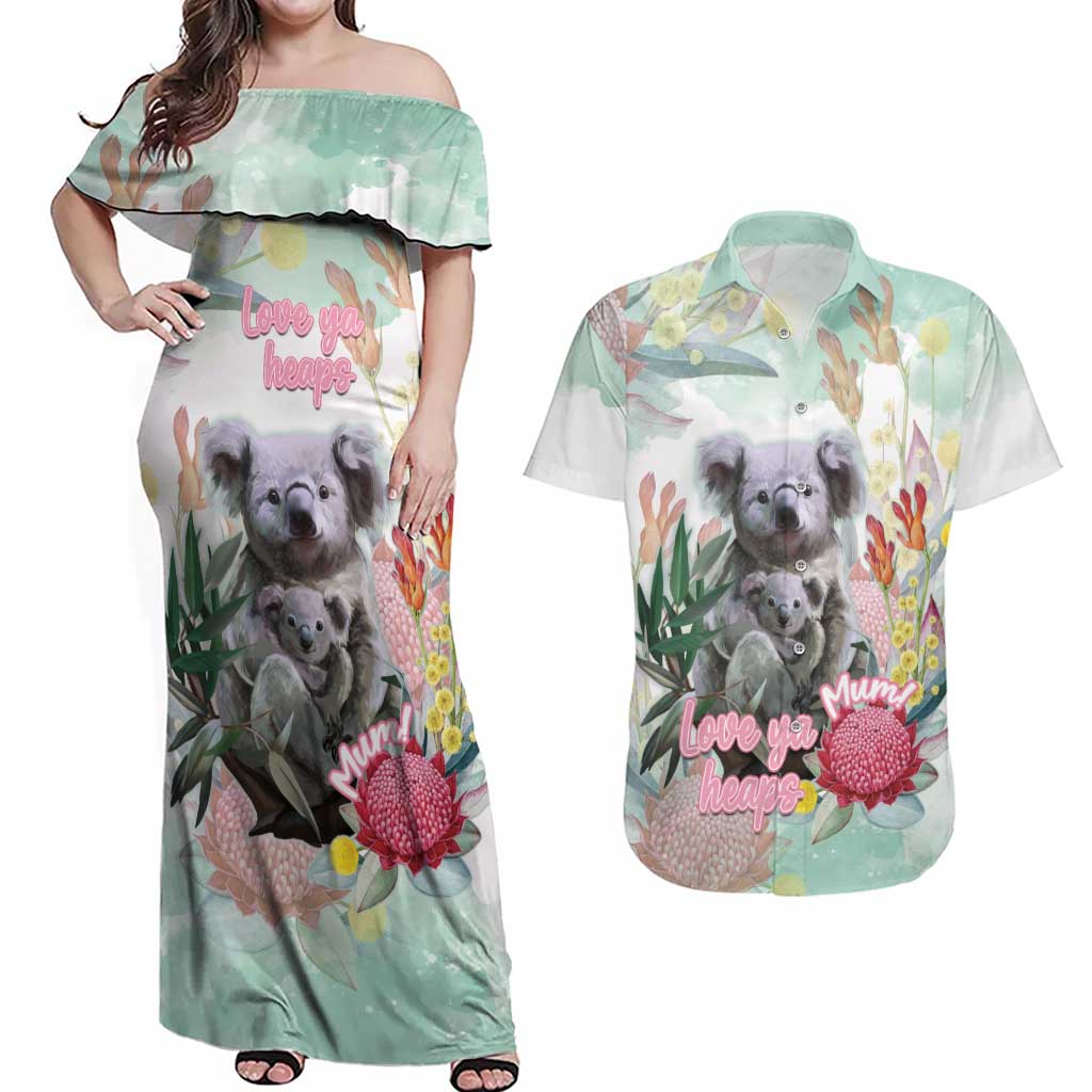 Koala Australia Mother's Day Personalised Couples Matching Off Shoulder Maxi Dress and Hawaiian Shirt Love ya Heaps Mum Watercolor