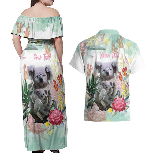 Koala Australia Mother's Day Personalised Couples Matching Off Shoulder Maxi Dress and Hawaiian Shirt Love ya Heaps Mum Watercolor
