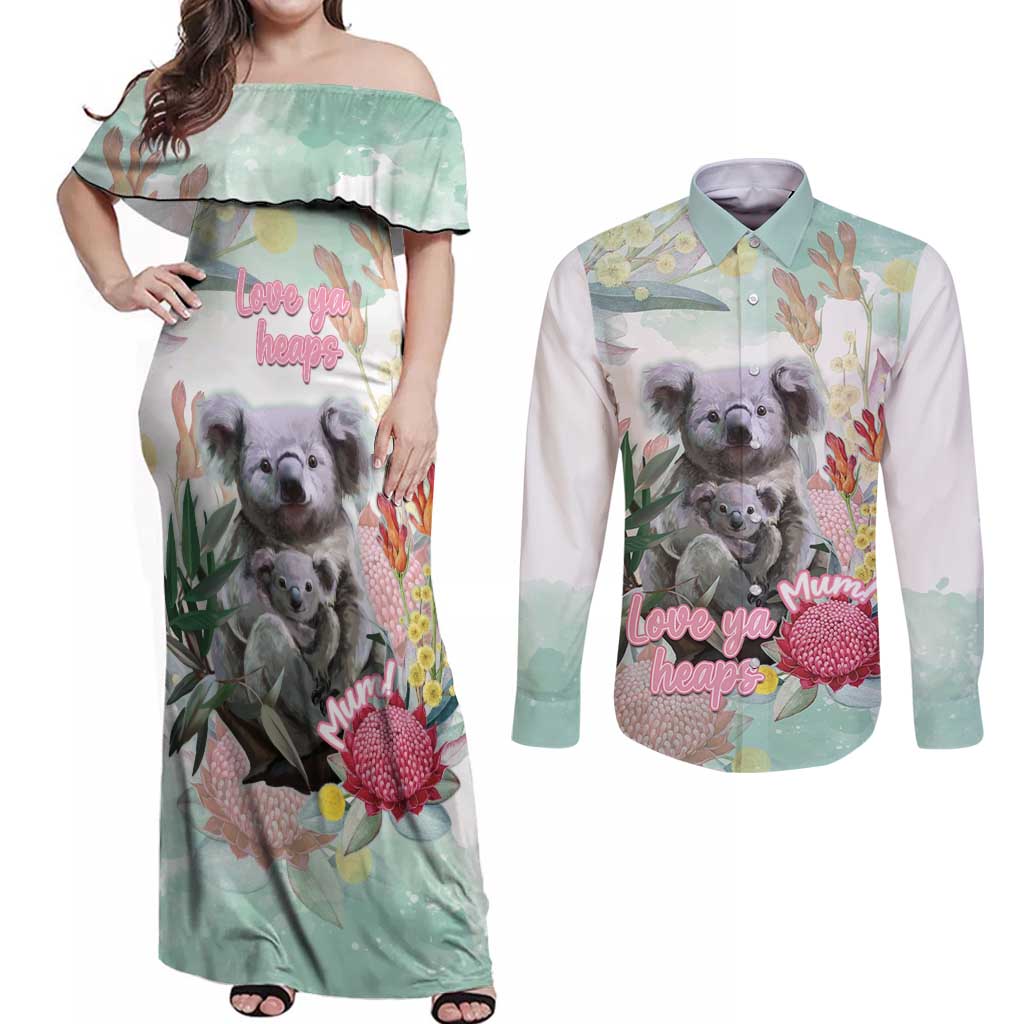 Koala Australia Mother's Day Personalised Couples Matching Off Shoulder Maxi Dress and Long Sleeve Button Shirt Love ya Heaps Mum Watercolor