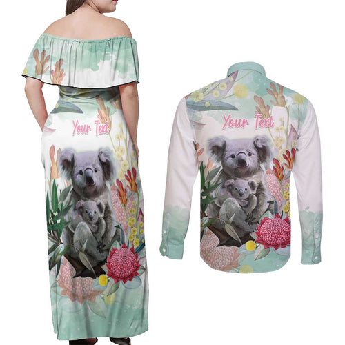 Koala Australia Mother's Day Personalised Couples Matching Off Shoulder Maxi Dress and Long Sleeve Button Shirt Love ya Heaps Mum Watercolor