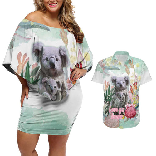 Koala Australia Mother's Day Personalised Couples Matching Off Shoulder Short Dress and Hawaiian Shirt Love ya Heaps Mum Watercolor
