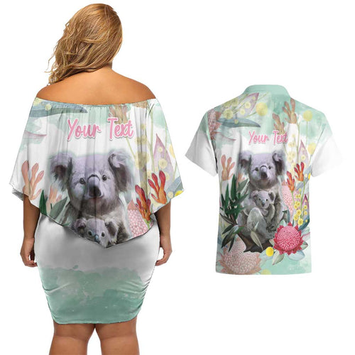 Koala Australia Mother's Day Personalised Couples Matching Off Shoulder Short Dress and Hawaiian Shirt Love ya Heaps Mum Watercolor