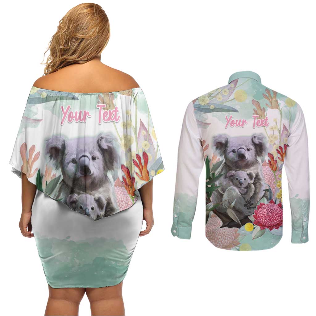 Koala Australia Mother's Day Personalised Couples Matching Off Shoulder Short Dress and Long Sleeve Button Shirt Love ya Heaps Mum Watercolor